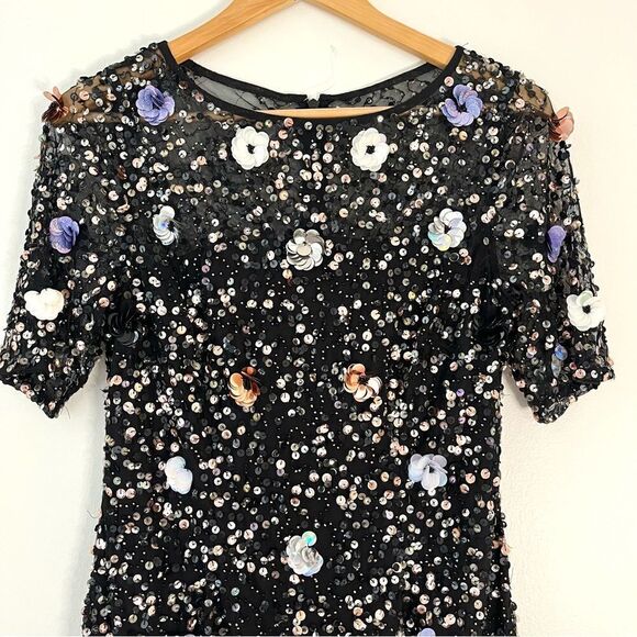Adrianna Papell Black Floral Beaded Sequin Cocktail Dress Short Sleeve, 8 NWT - Picture 4 of 11